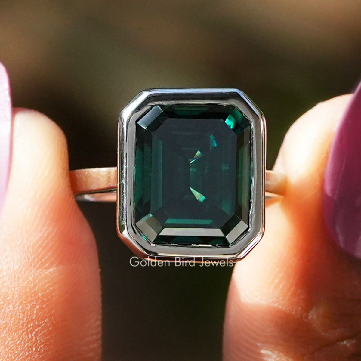 Dark Green Emerald Moissanite Solitaire Ring