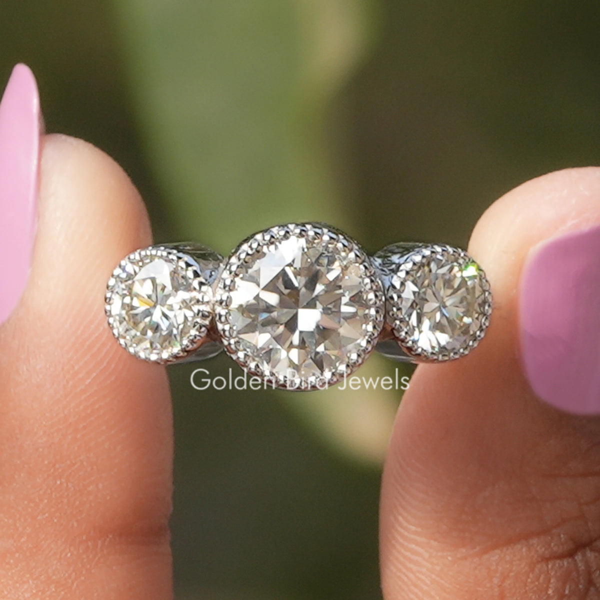 Milgrain Bezel Set Three Stone Round Moissanite Ring