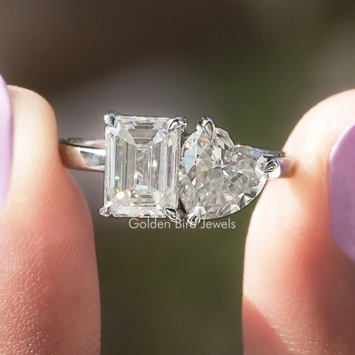 Heart and Emerald Cut Moissanite Toi Et Moi Ring