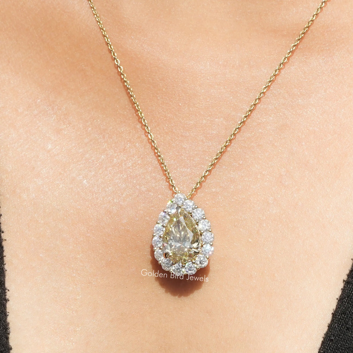 Yellow Pear Cut Moissanite Halo Pendant