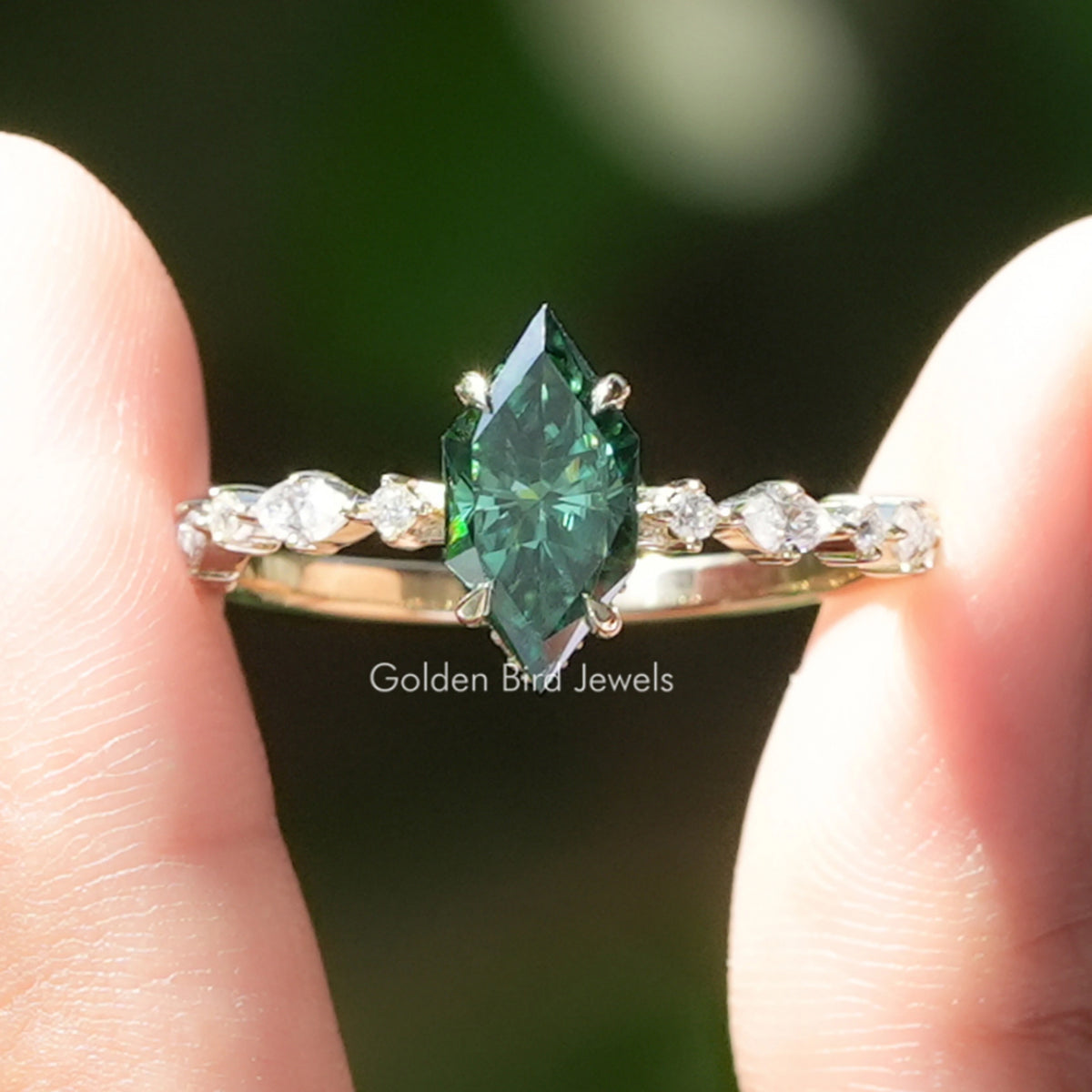 Green Dutch Marquise Moissanite Hidden Halo Ring