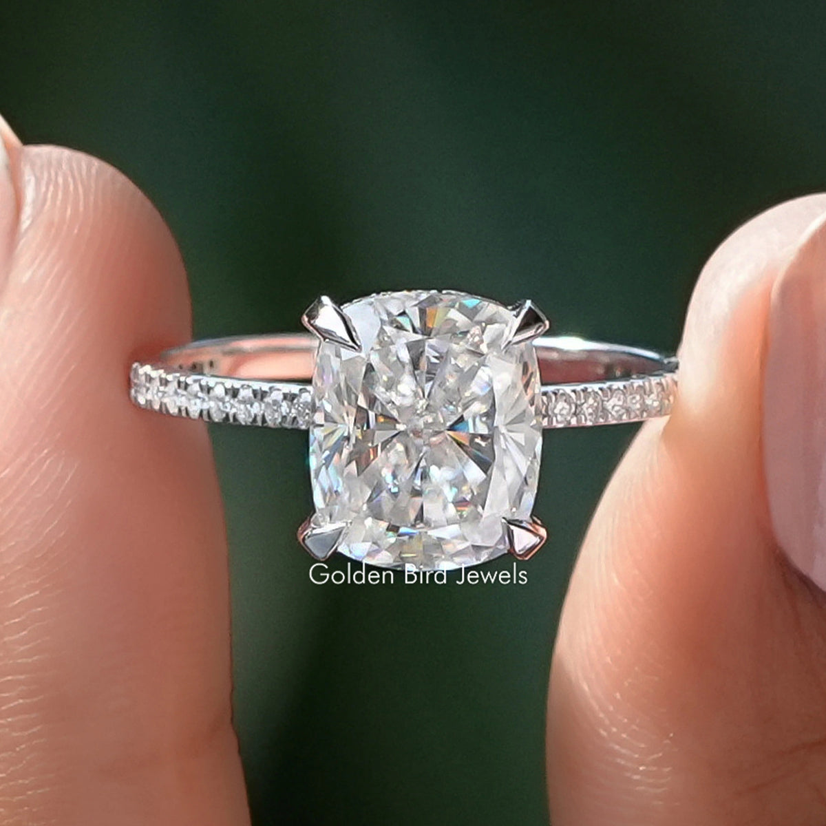 Crushed Ice Cushion Moissanite Hidden Halo Ring