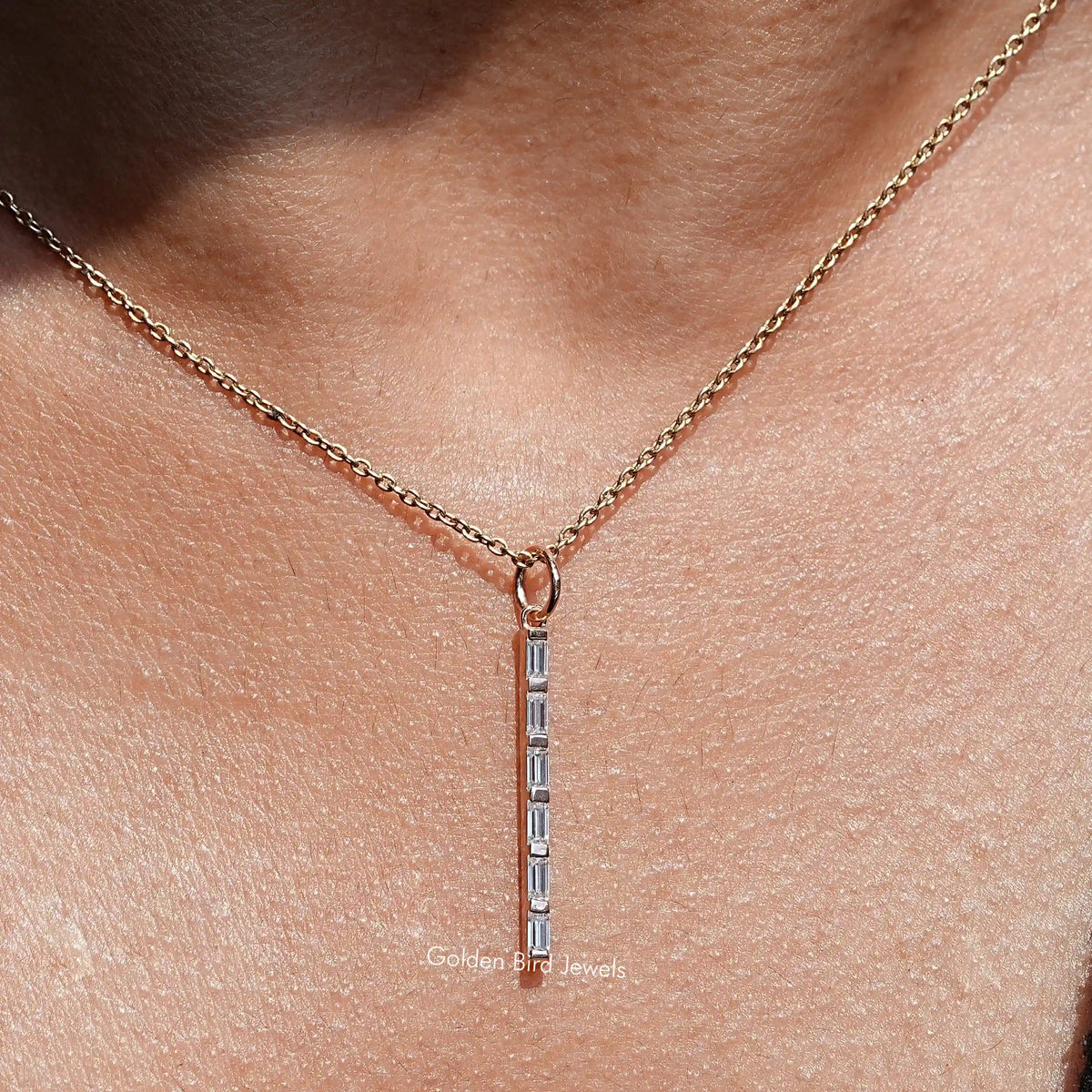 Baguette Cut Moissanite Vertical and Minimalist Bar Pendant