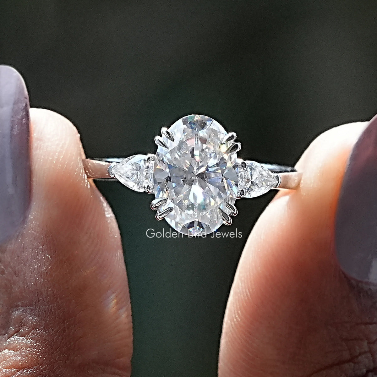 Oval And Pear Cut Moissanite 3 Stone Engagement Ring