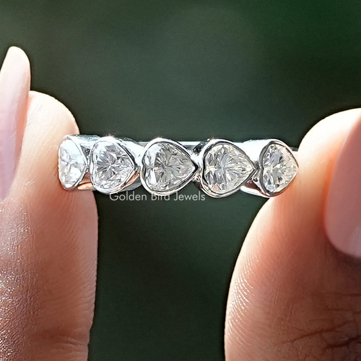 Heart Shaped Five Stone Moissanite Wedding Band