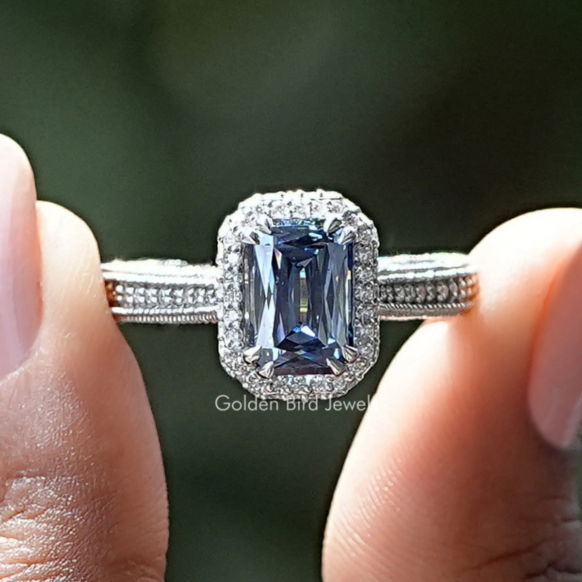 Criss Cut Sapphire Blue Moissanite Double Halo Ring