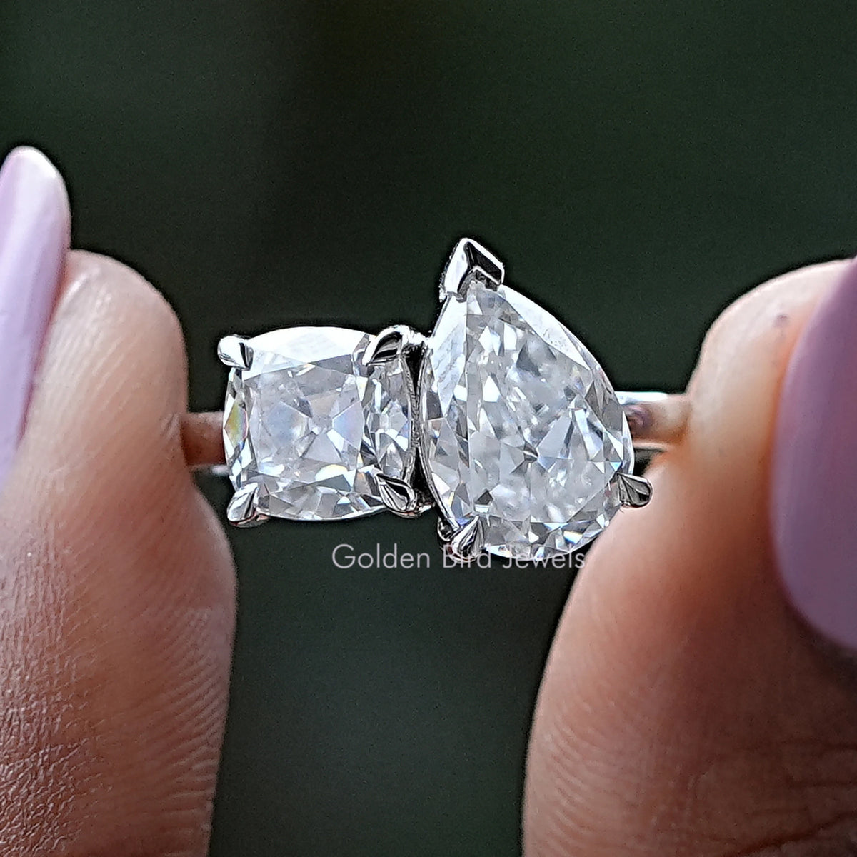 Old Mine Cushion And Old Mine Pear Cut Moissanite Ring