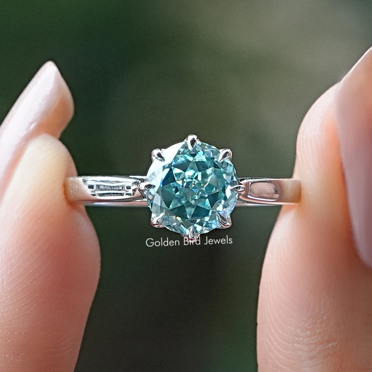 Cyan Blue Portuguese Round Cut Moissanite Ring