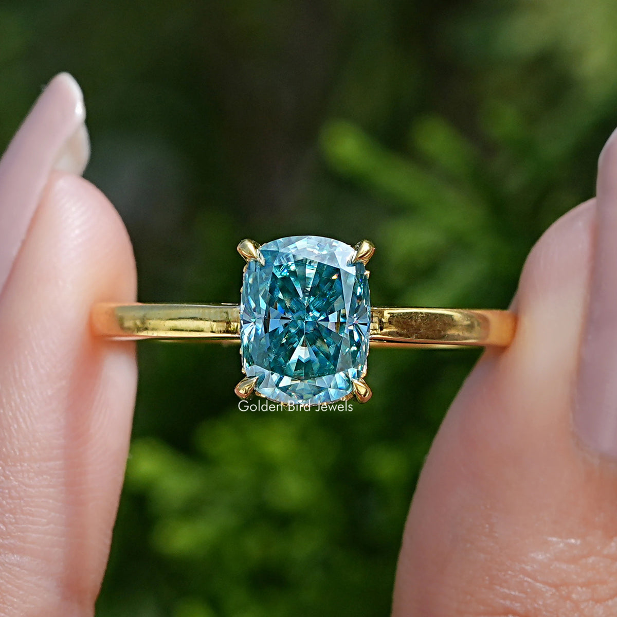 Blue Elongated Cushion Moissanite Engagement Ring