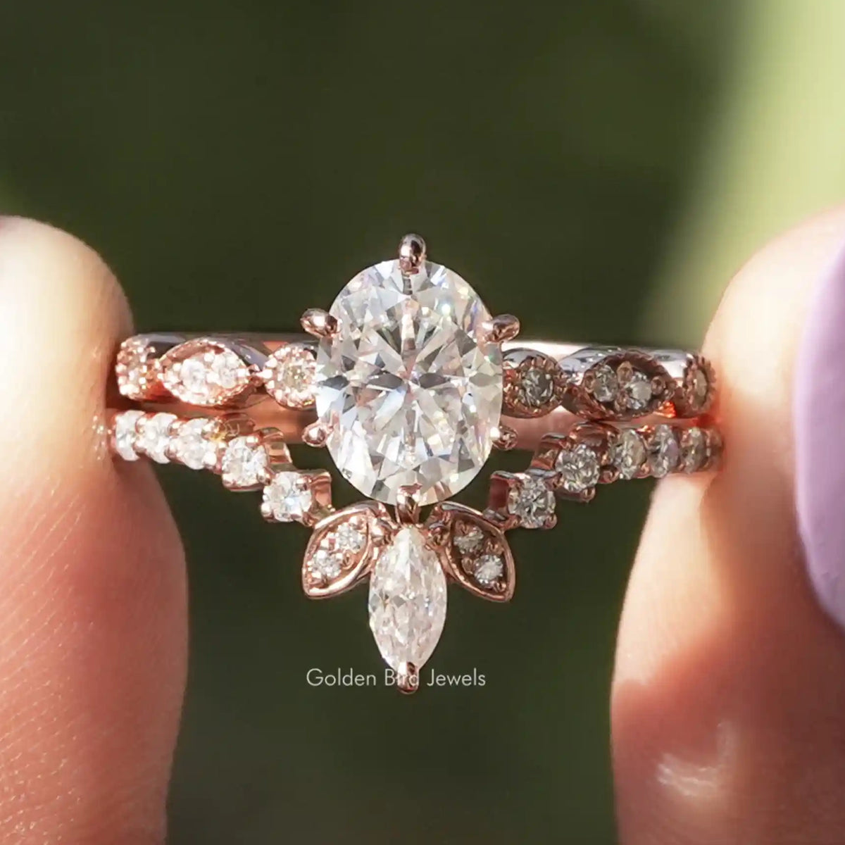 Oval Moissanite Bridal Ring With Chevron Band