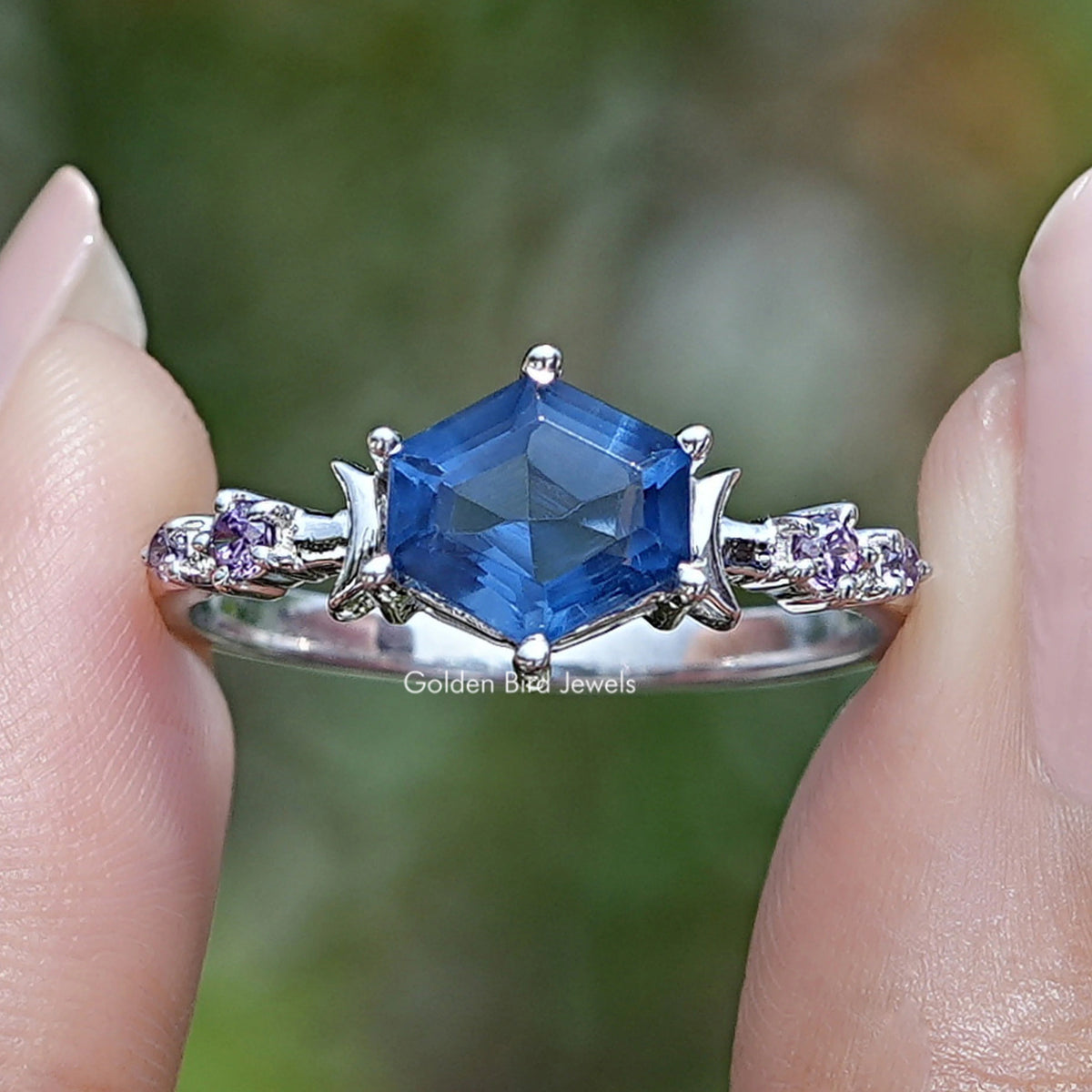 Hexagon Gemstone Accent Engagement Ring