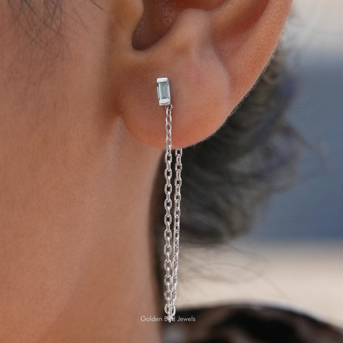 Baguette Cut Moissanite Dangle Chain Earrings