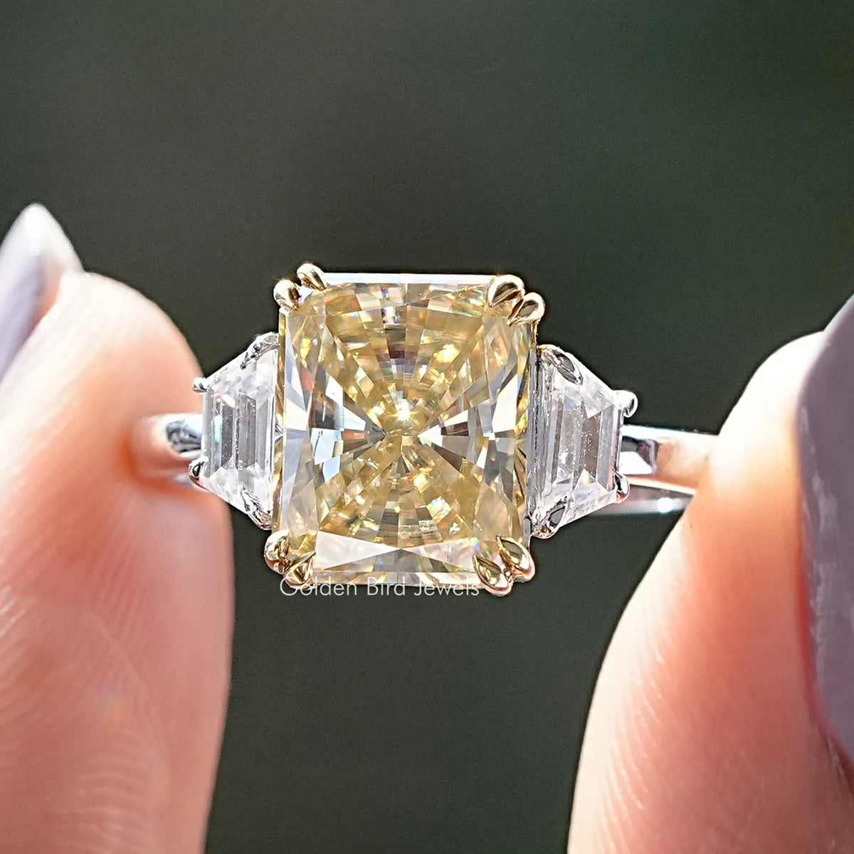 Three Stone Yellow Radiant Moissanite Ring