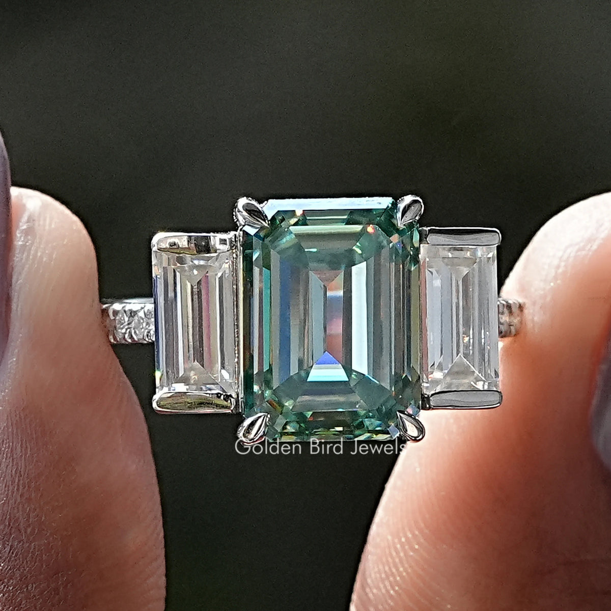 Emerald Cut Moissanite Three Stone Accent Ring