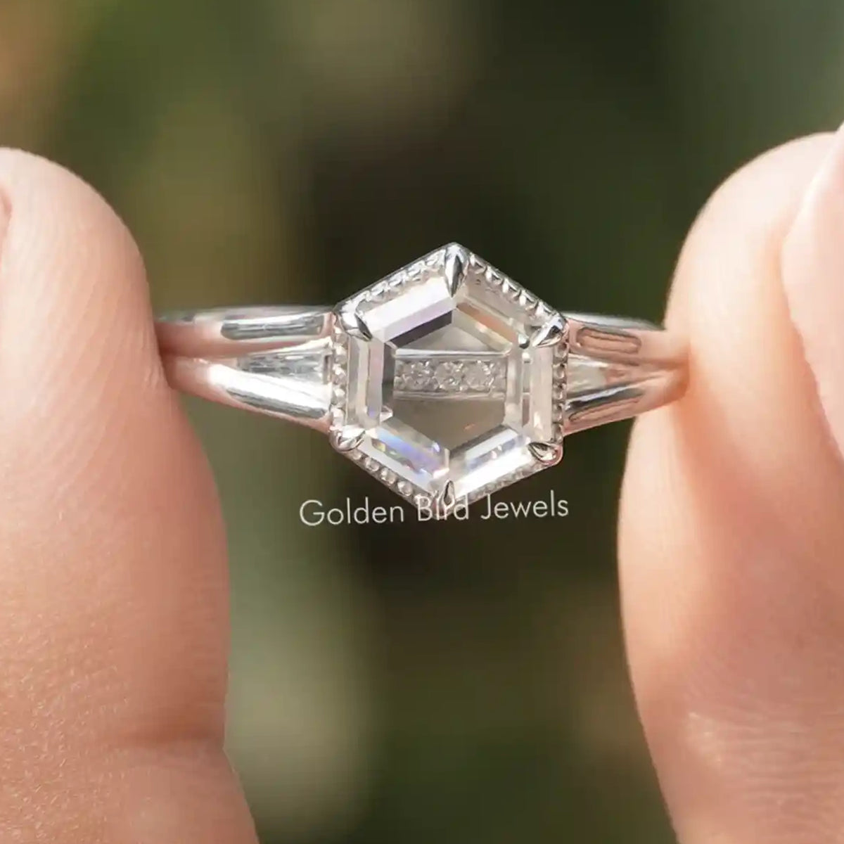 Portrait Cut Hexagon Moissanite Engagement Ring