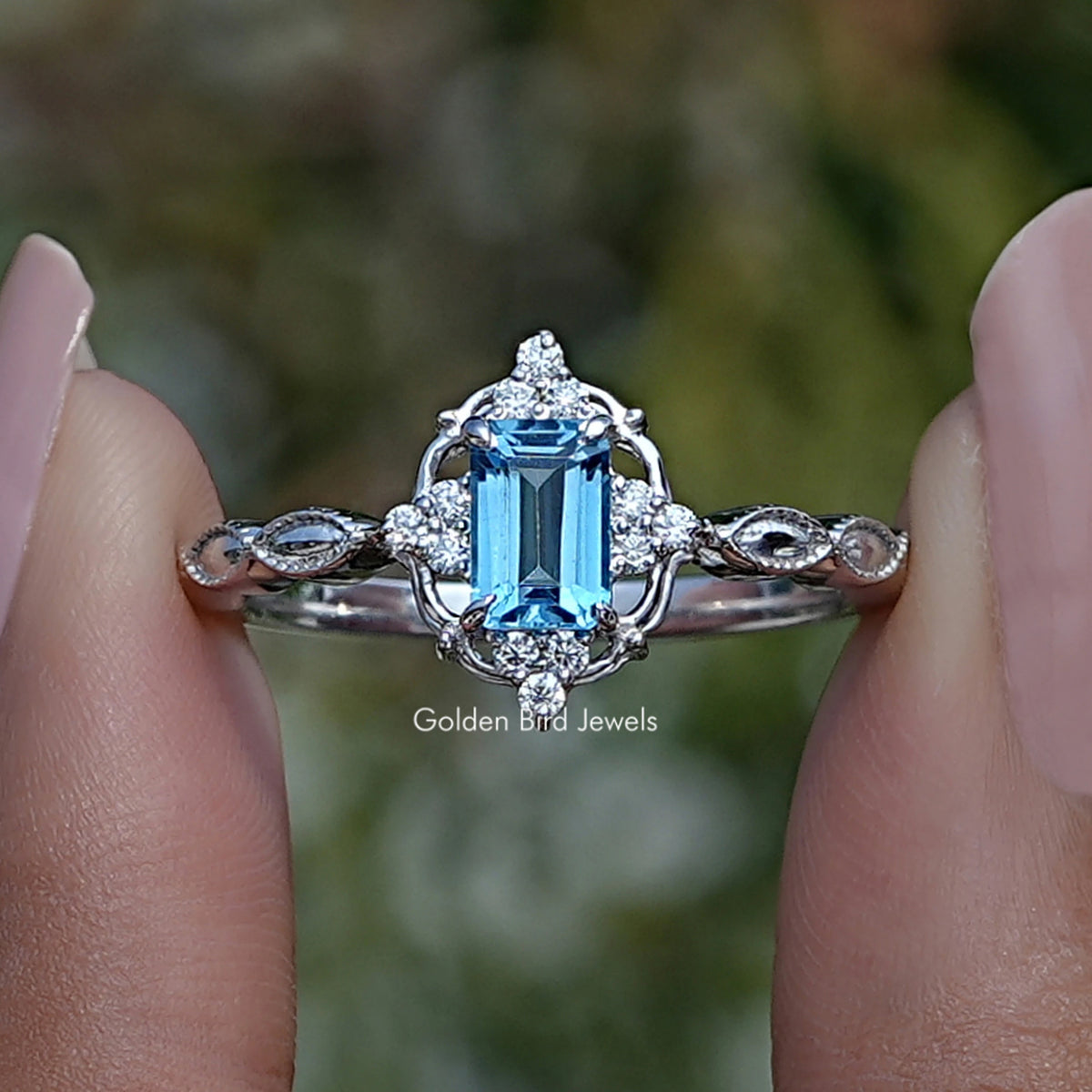 London Blue Topaz Emerald Gemstone Halo Ring