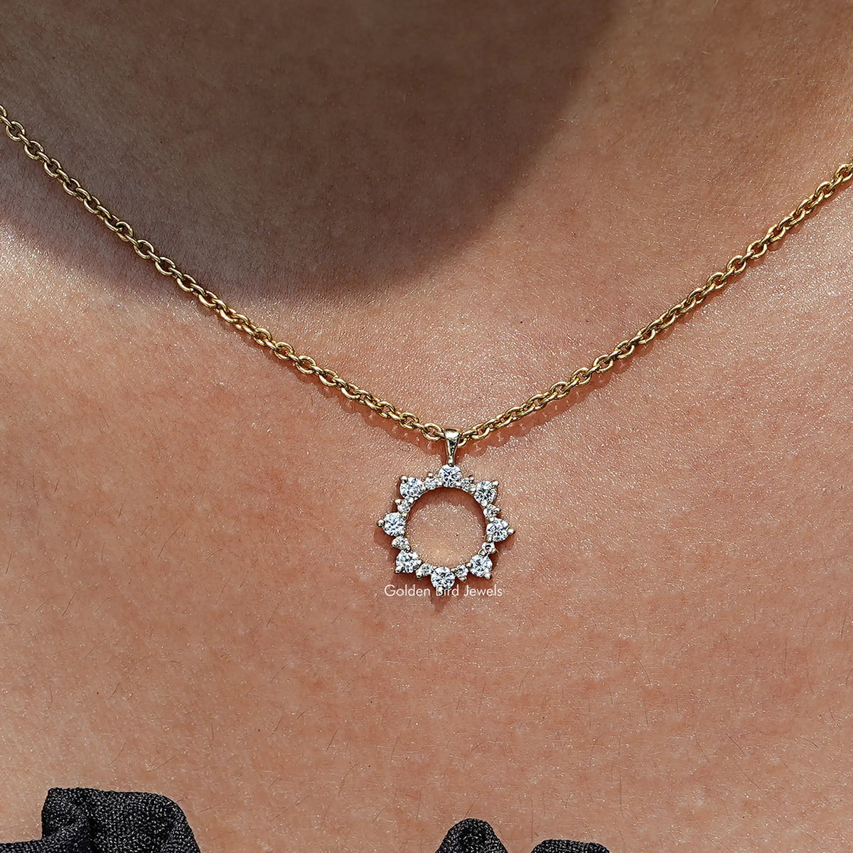 Close up view of Round Cut Lab Diamond Open Circle Pendant