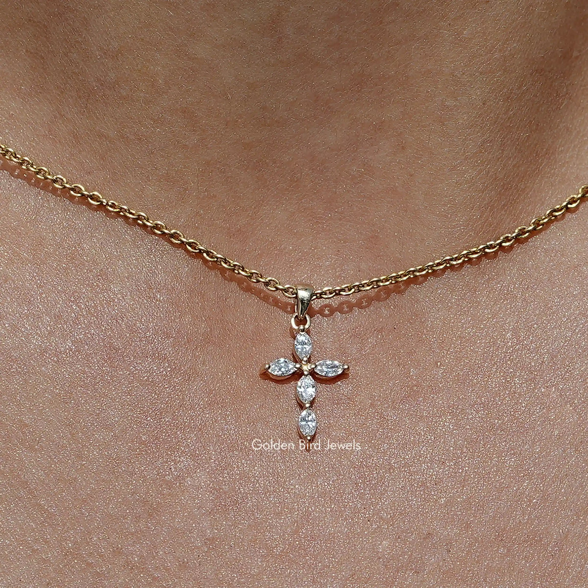 Close up view Marquise Cut Lab Diamond Cross Pendant