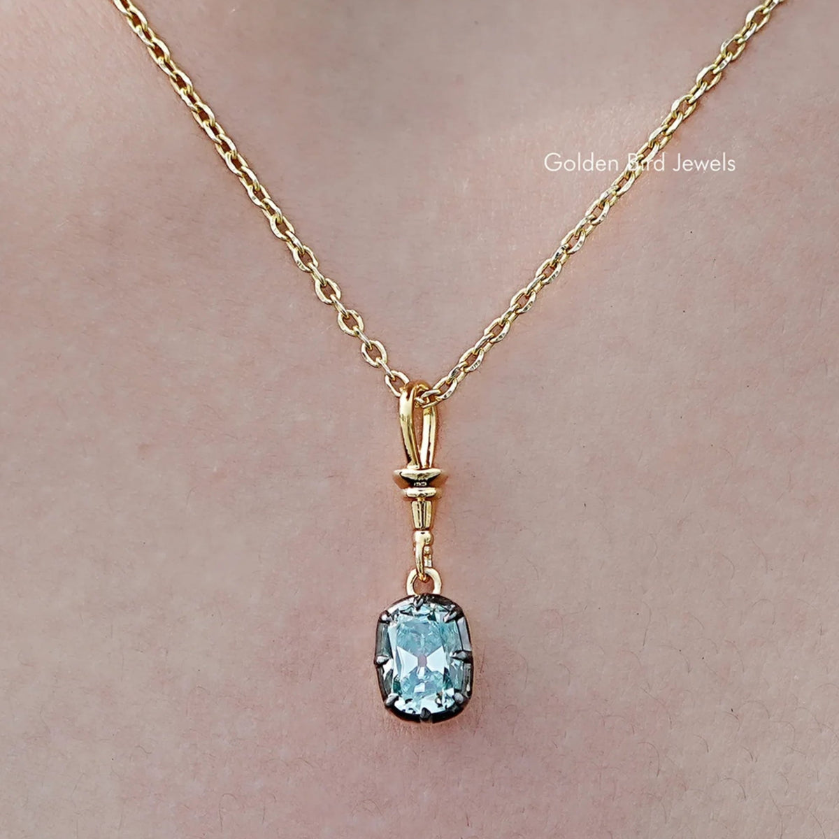 In neck View Of Old Mine Cushion Moissanite Pendant