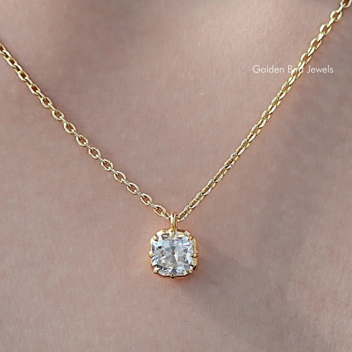 In neck View Of Old Mine Cushion Moissanite Pendant