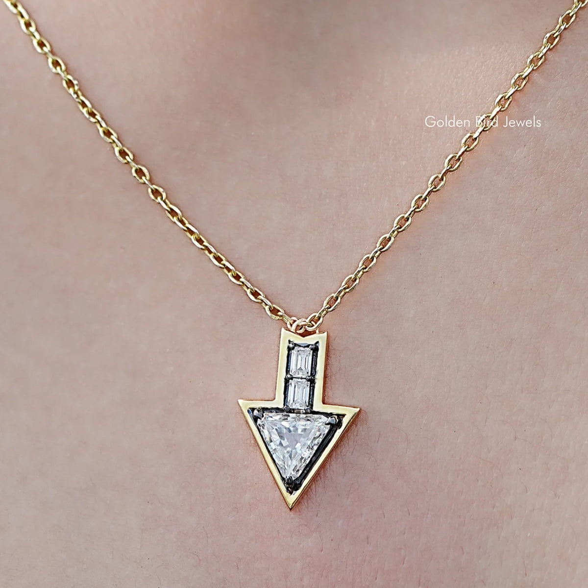 In neck View Of Triangle And Baguette Moissanite Arrow Shape Pendant