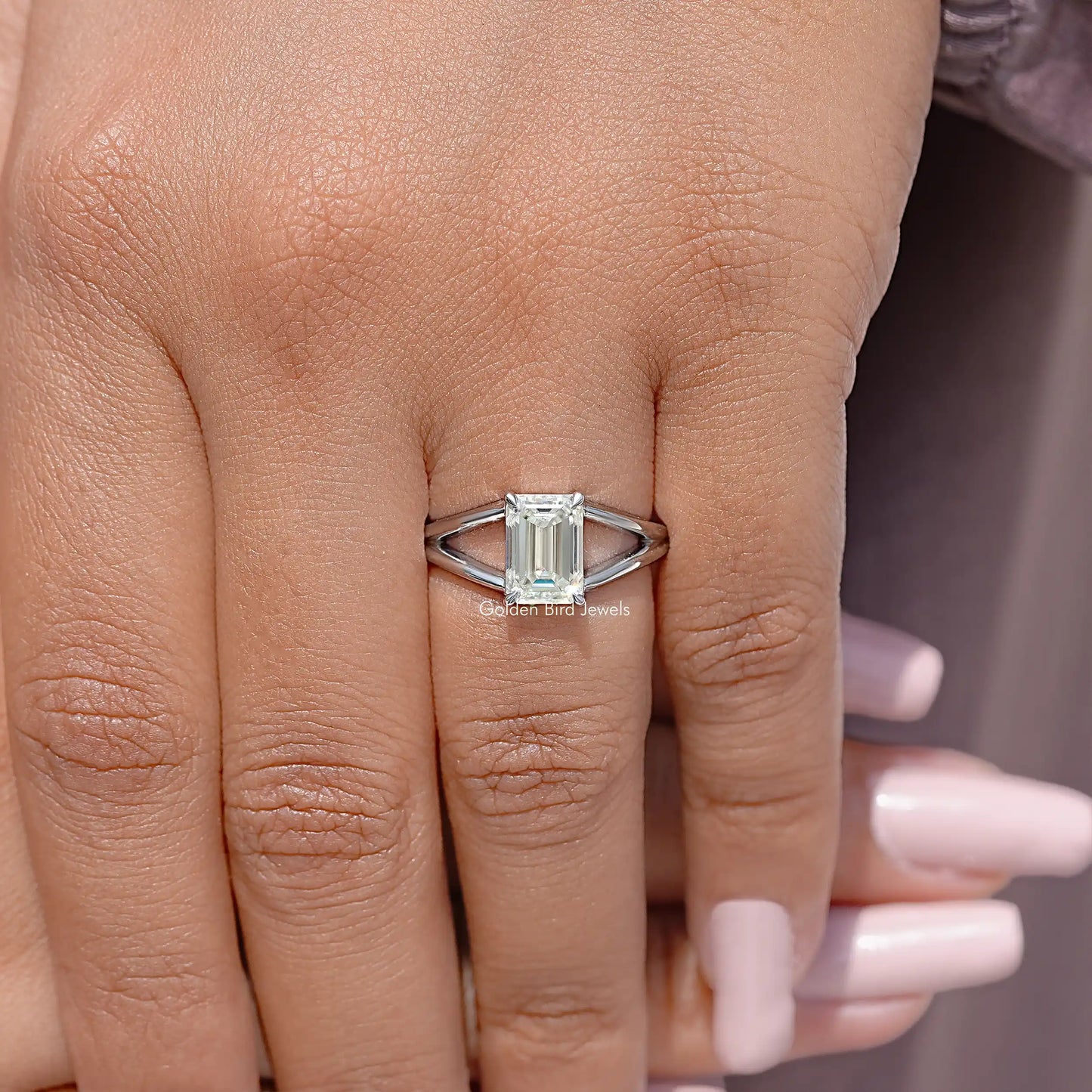 Emerald Cut Moissanite Gemstone Split Shank Ring