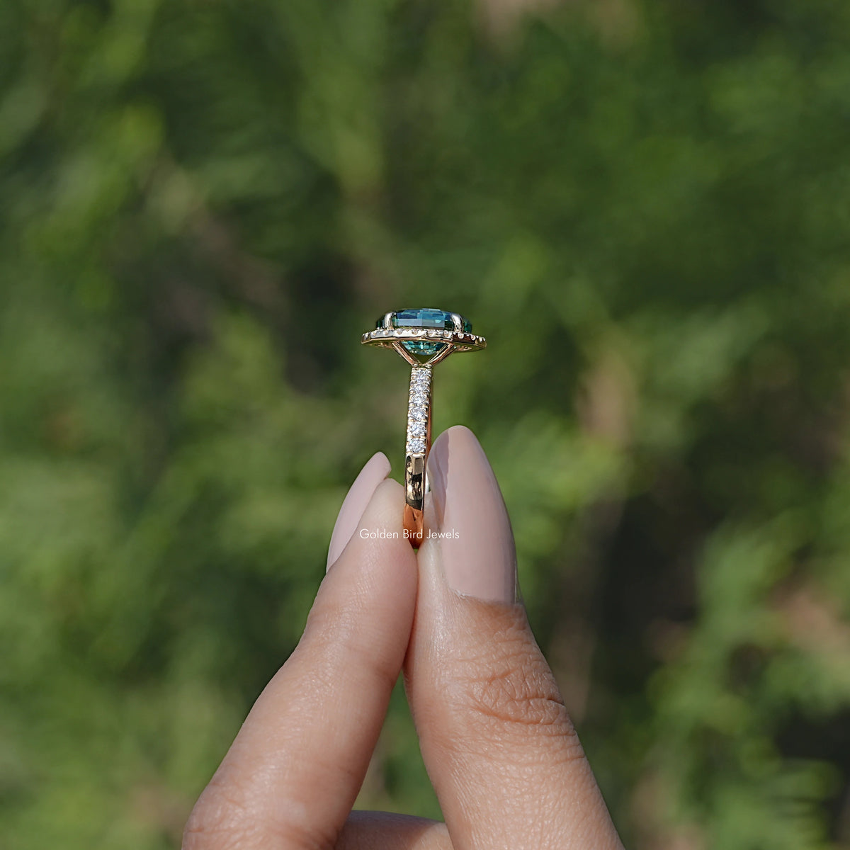 Side View of Moissanite Halo Accent Ring