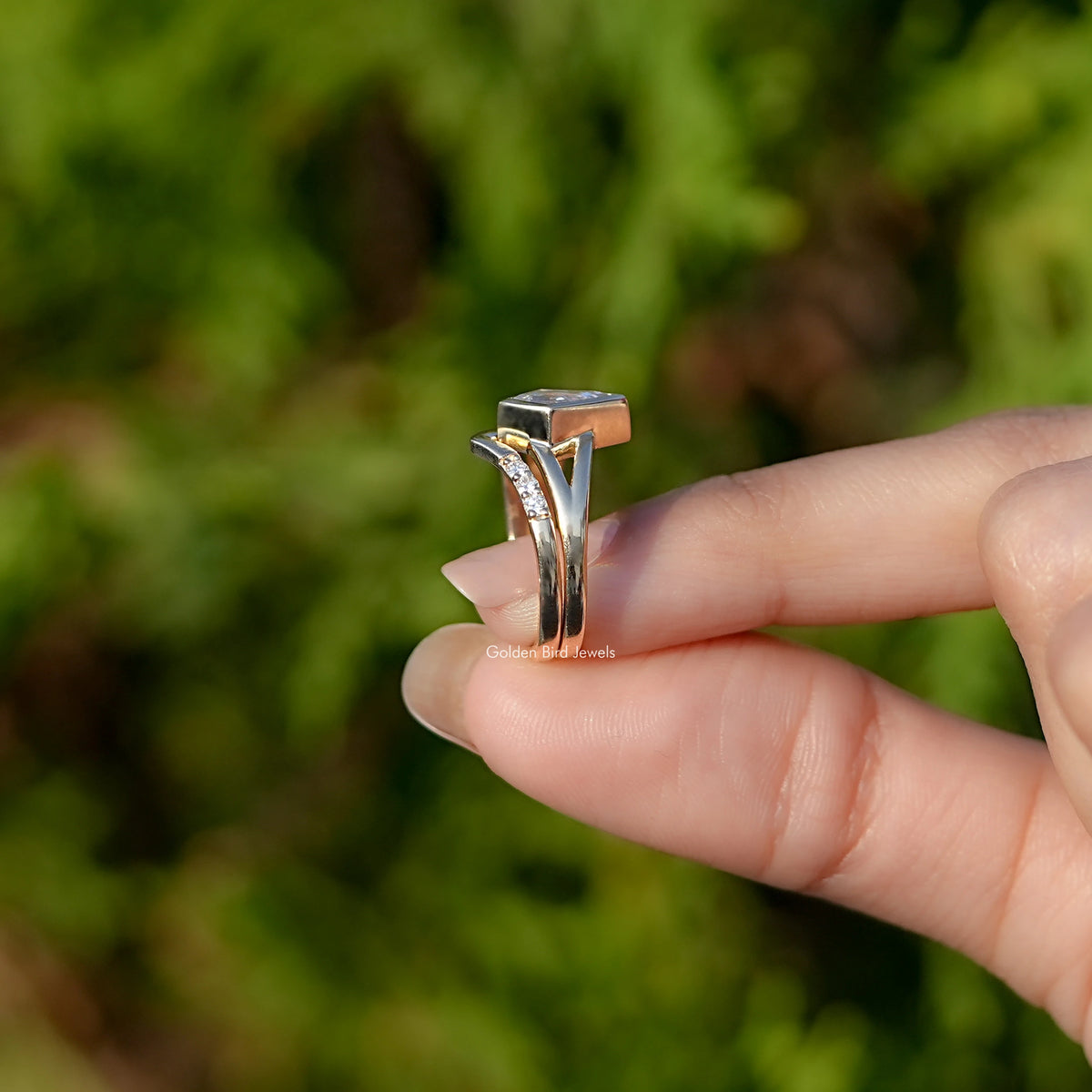 Side View of Kite Cut Lab Diamond Bridal Wedding Ring In two fingers