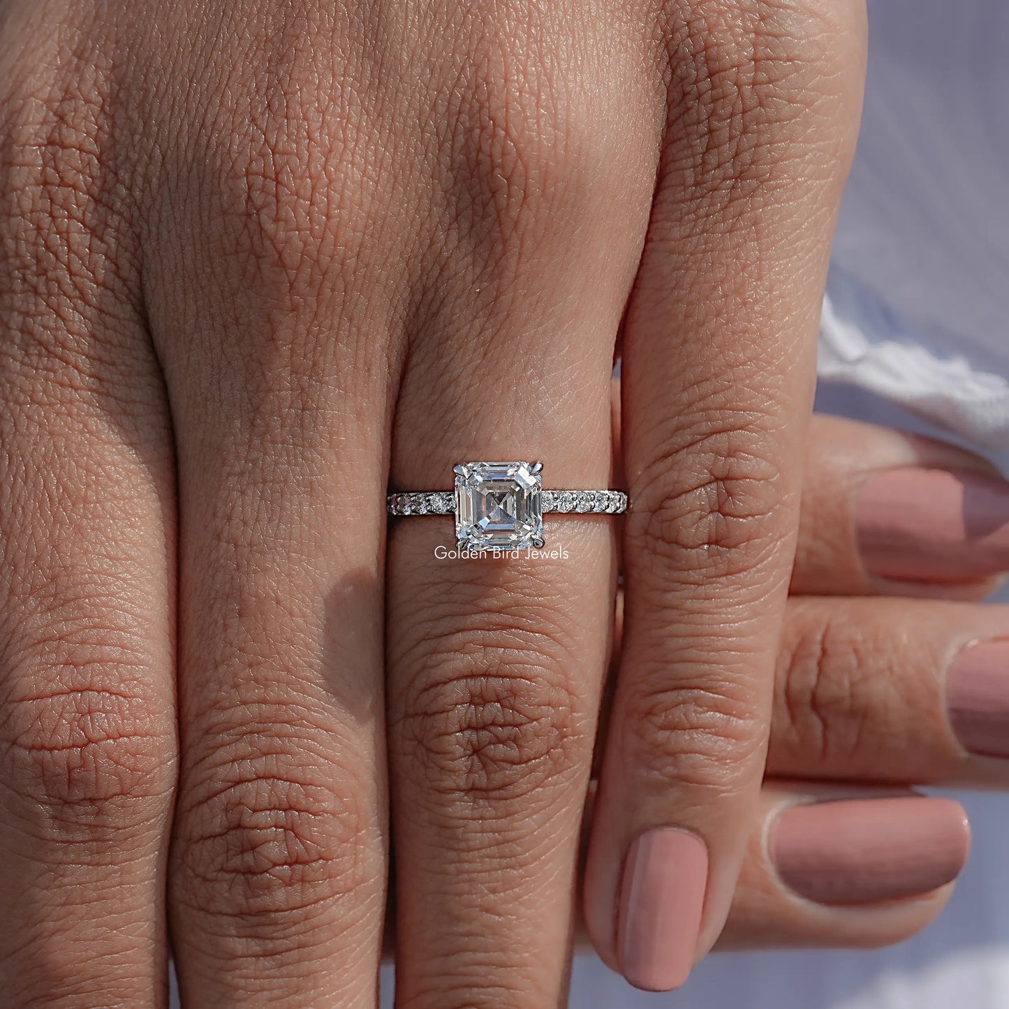 Detailed View Of Lab Diamond Asscher Accent Ring