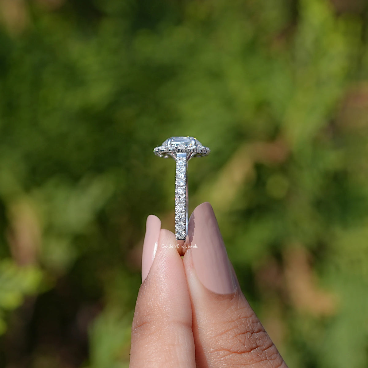 Side View of Old Mine Cushion Cut Lab Diamond Halo Ring