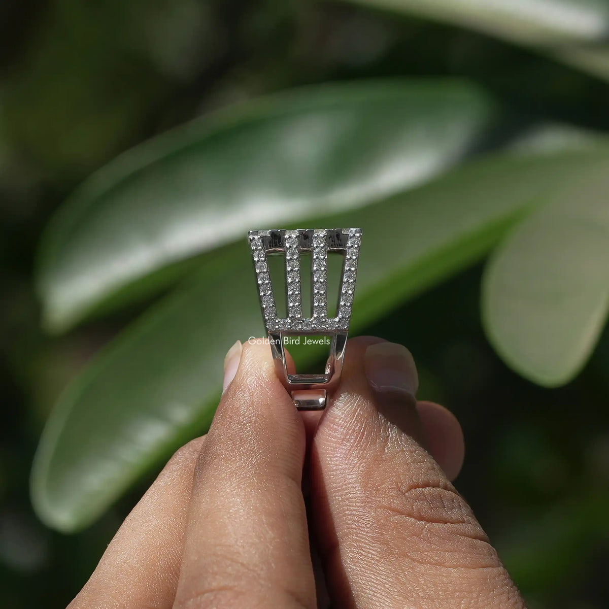 Side View of Pave Set Round Diamond Men's Ring In two fingers