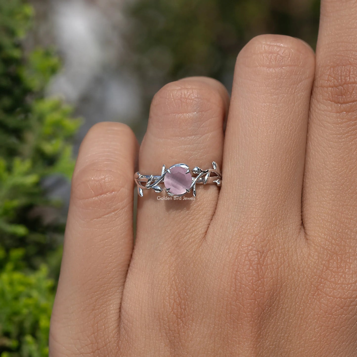 Rose Quartz Round Gemstone Leaf Style Solitaire Ring