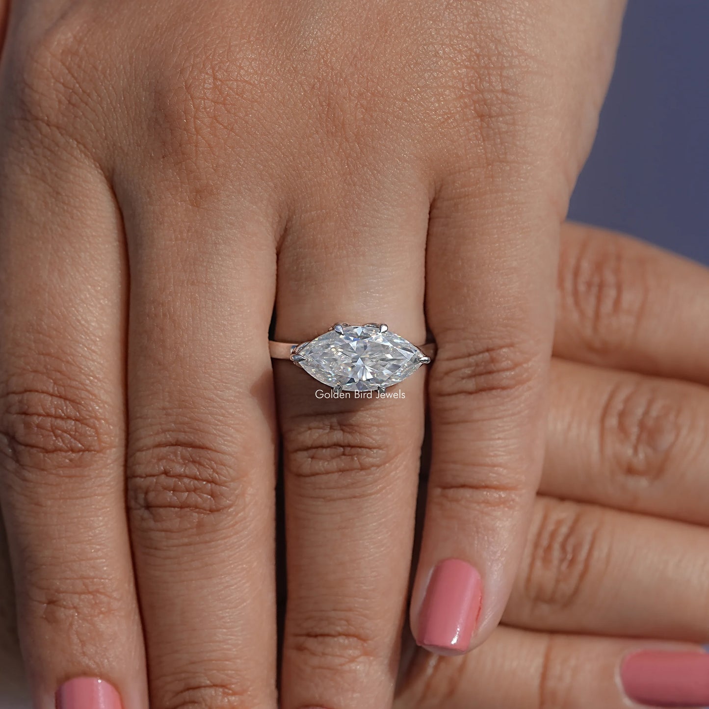 Detailed View Of East West Set Marquise Cut Moissanite Ring