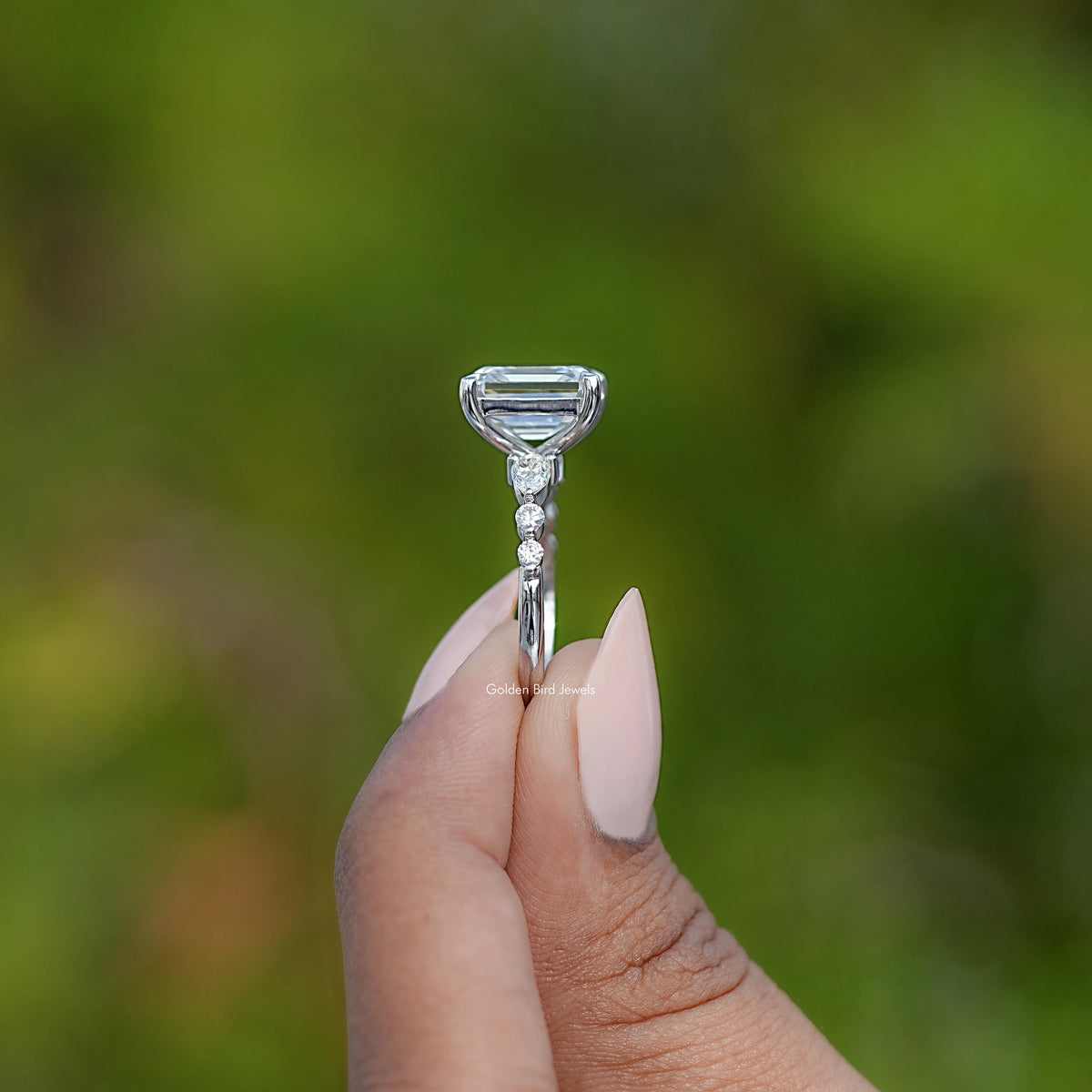 Colorless Old Mine Asscher Moissanite Accent Ring