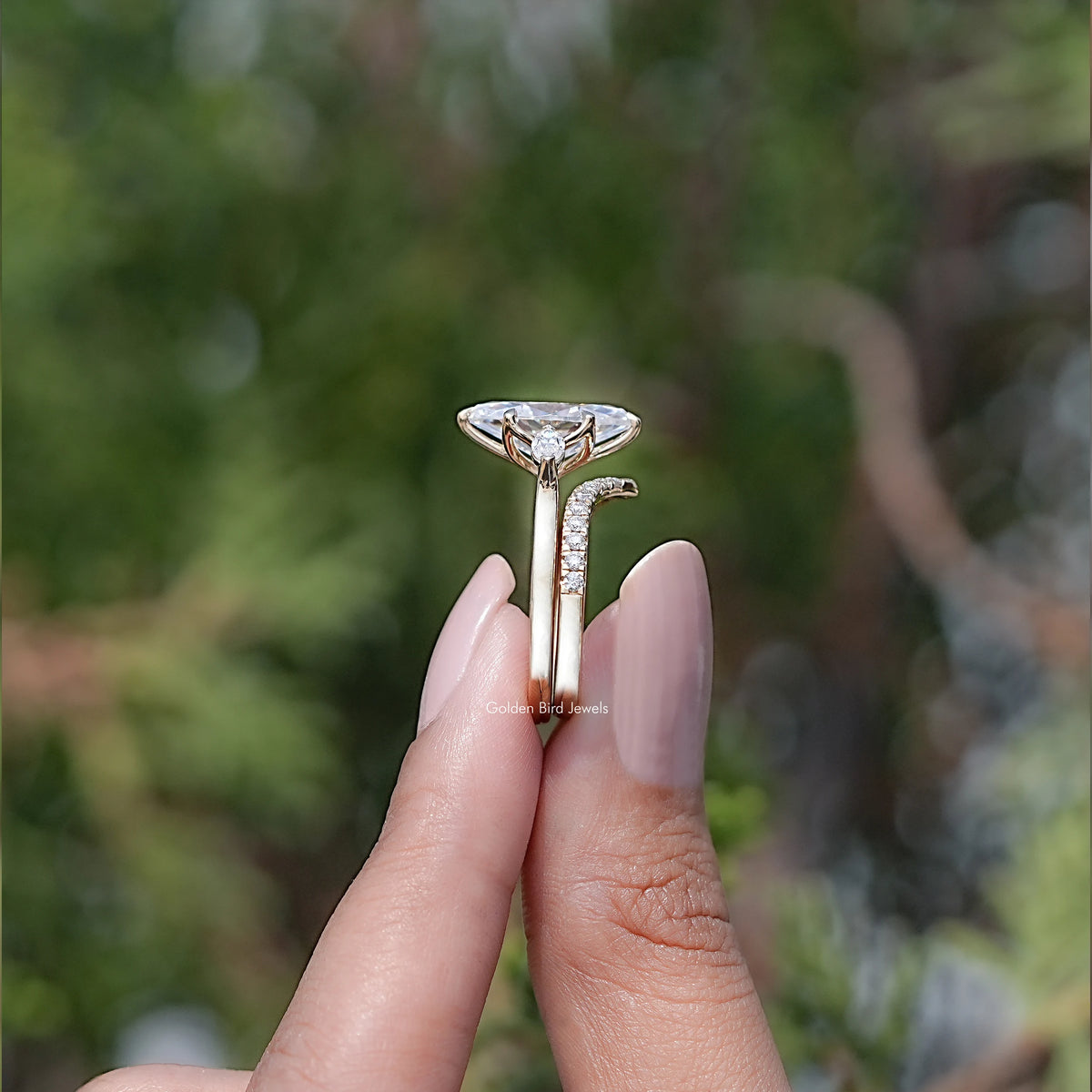 Marquise Cut Moissanite Three Stone Bridal Ring Set