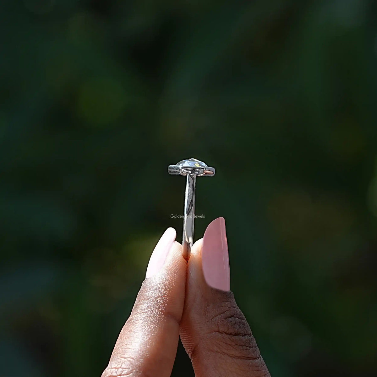 Side View of Rose Cut Hexagon Engagement Ring In finger