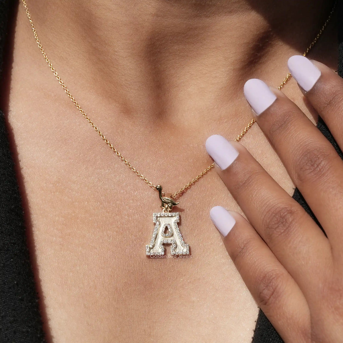 In neck view of round moissanite halo pendant