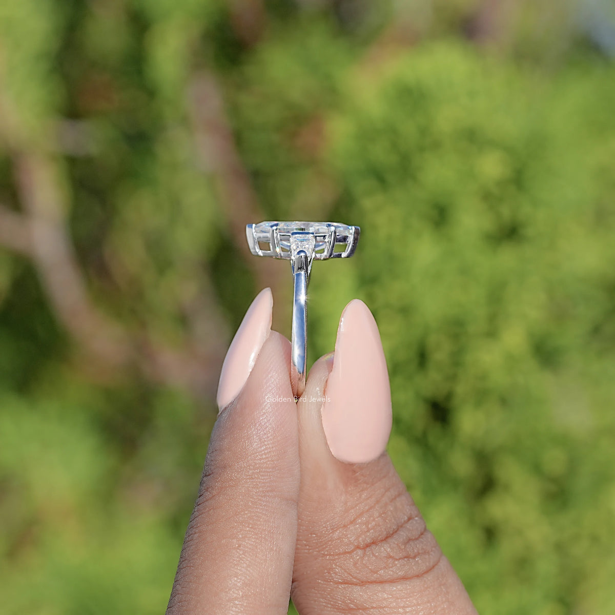 Three Stone Old Mine Marquise Moissanite Ring