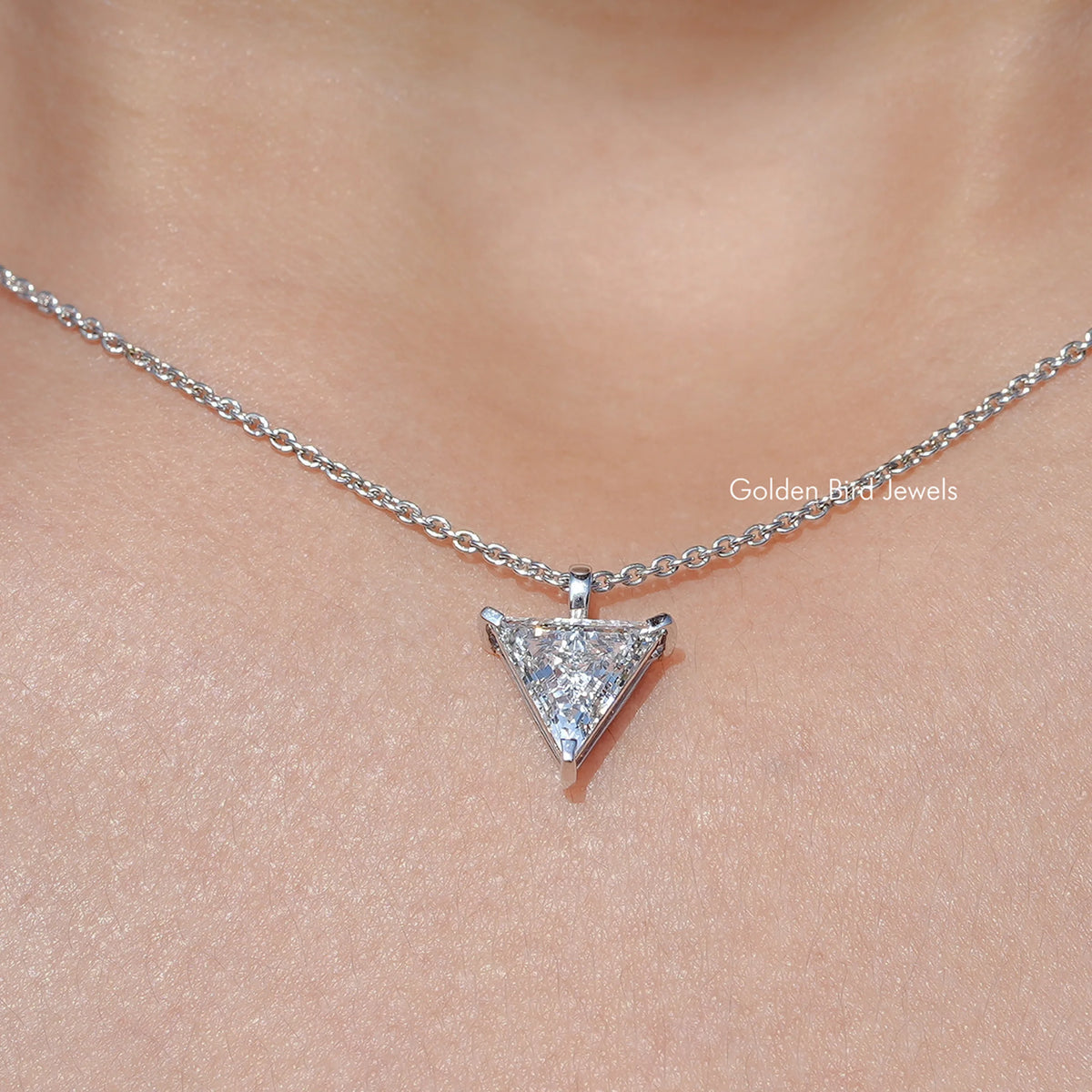 Close Up View of Triangle Cut Lab Diamond Solitaire Necklace