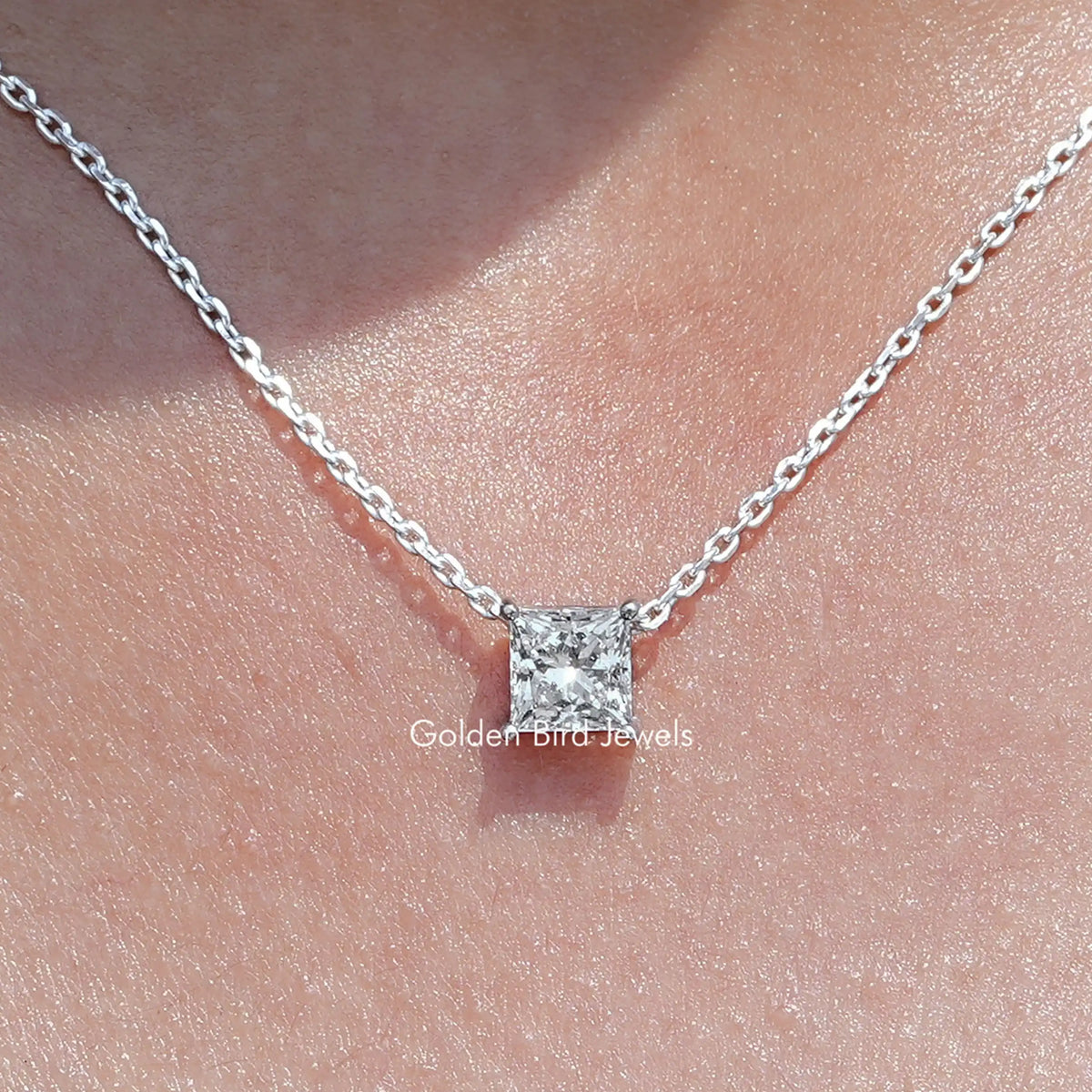 Close Up View of Princess Cut Lab Diamond Solitaire Pendant Necklace