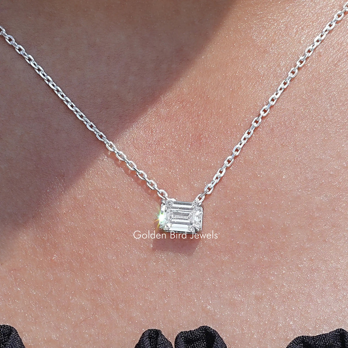 Close Up View of Emerald Cut Lab Diamond Solitaire Pendant Necklace