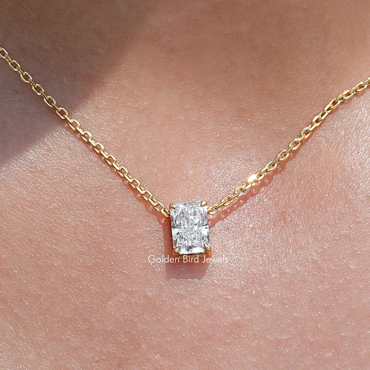 Close Up View of Radiant Cut Lab Diamond Solitaire Pendant Necklace