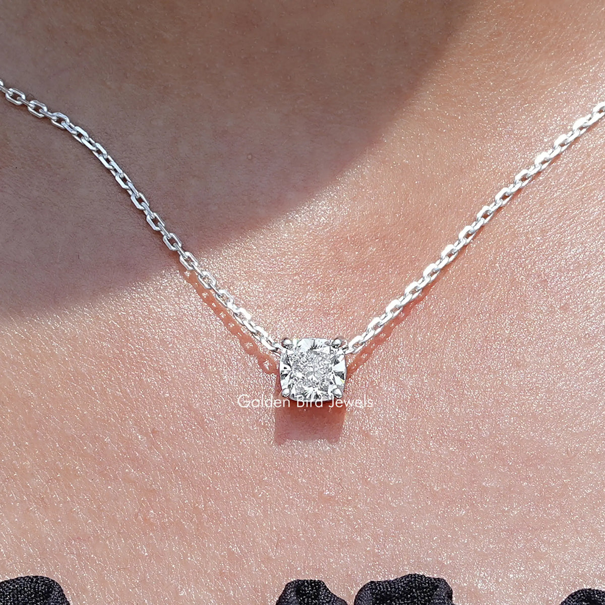 Close Up View of Cushion Cut Lab Diamond Solitaire Pendant Necklace
