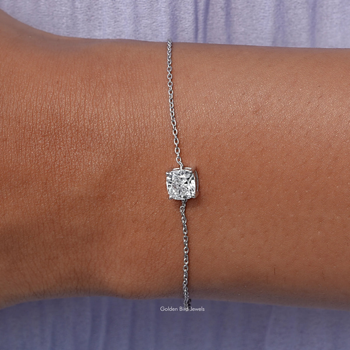 Close up View of Solitaire Lab Diamond Cushion Cut Chain Bracelet