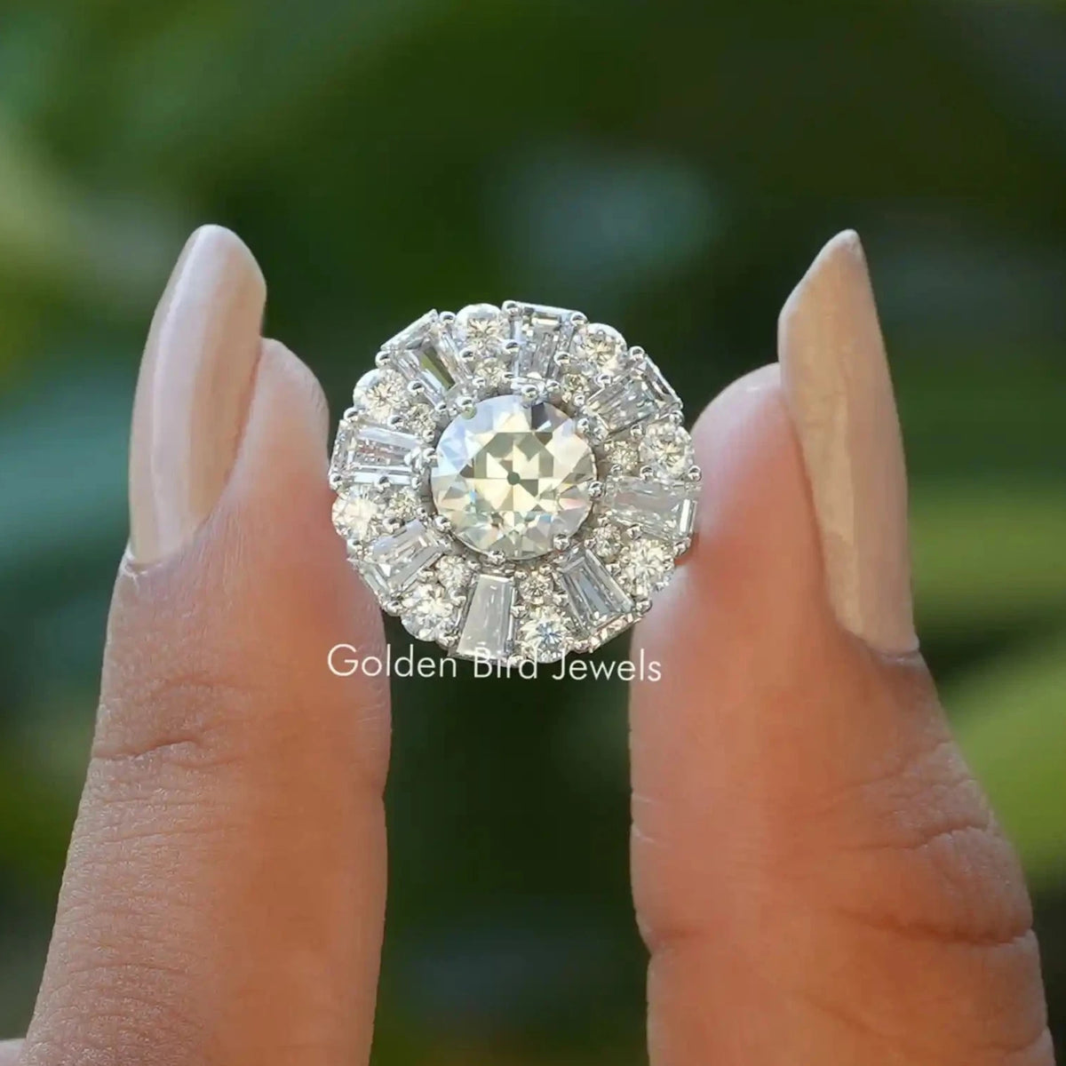 Front View of Old European Round Cut Moissanite Halo Ring In two Fingers