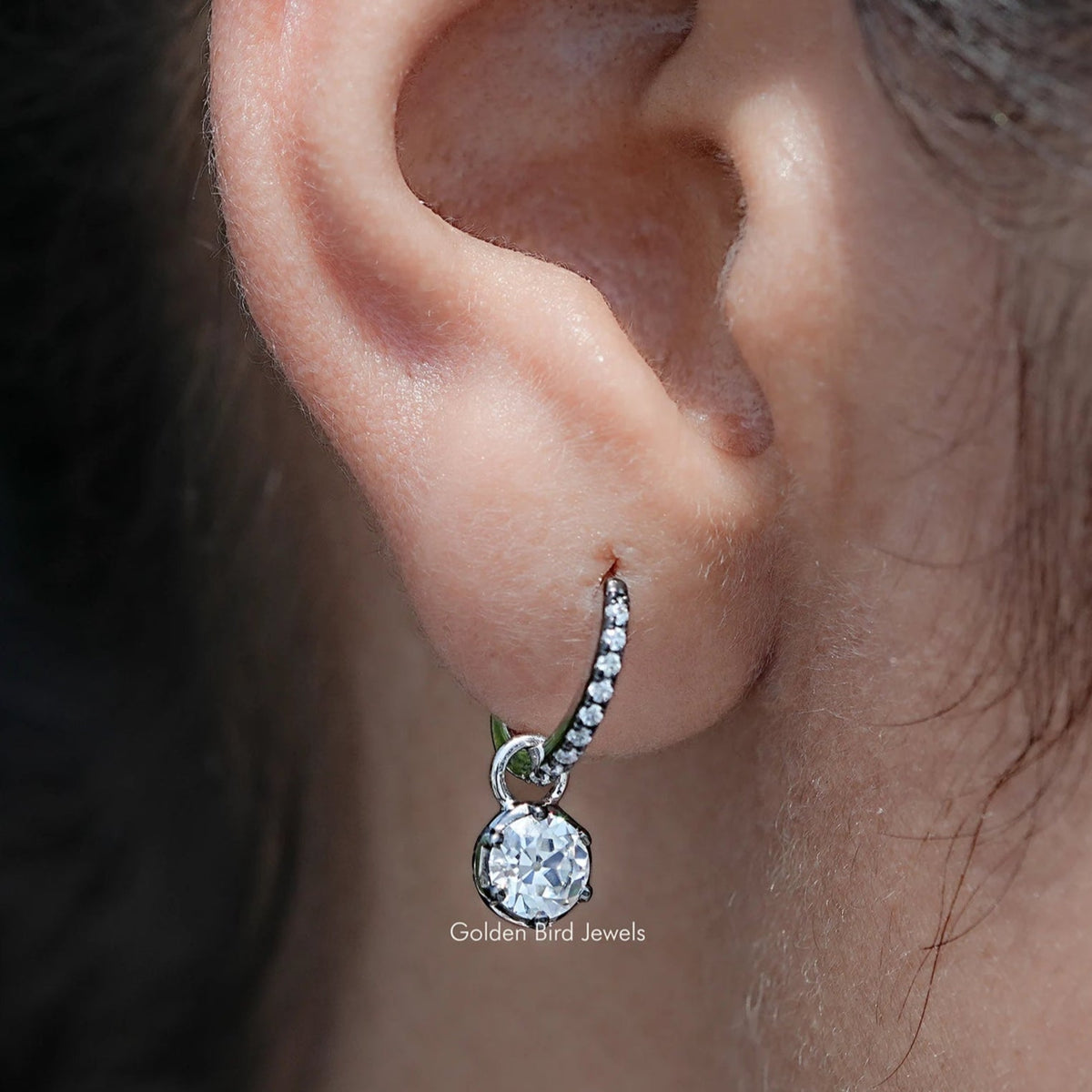 In Ear View Of Old European Round Moissanite Dangle Hoop Earrings in prongs setting