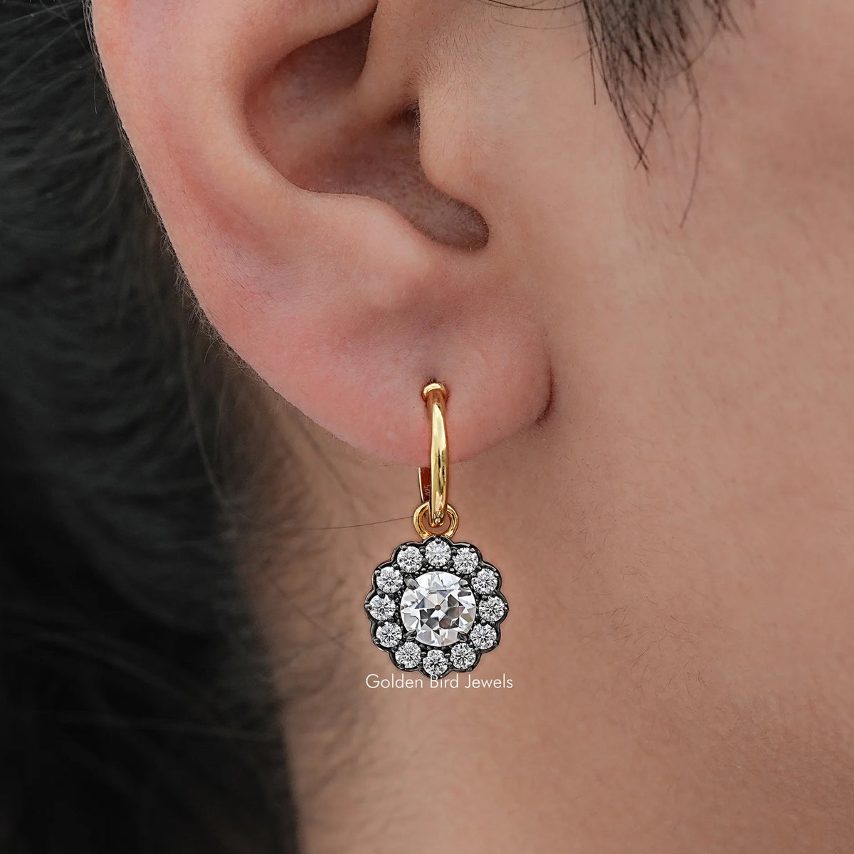 Old European Round Moissanite Halo Dangle Earrings