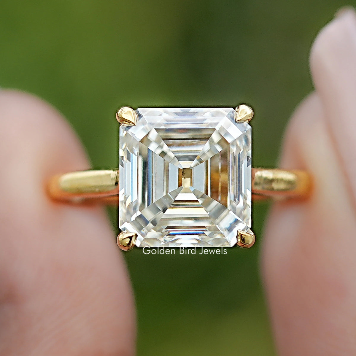 Front view of Old Mine Asscher Moissanite Solitaire Ring