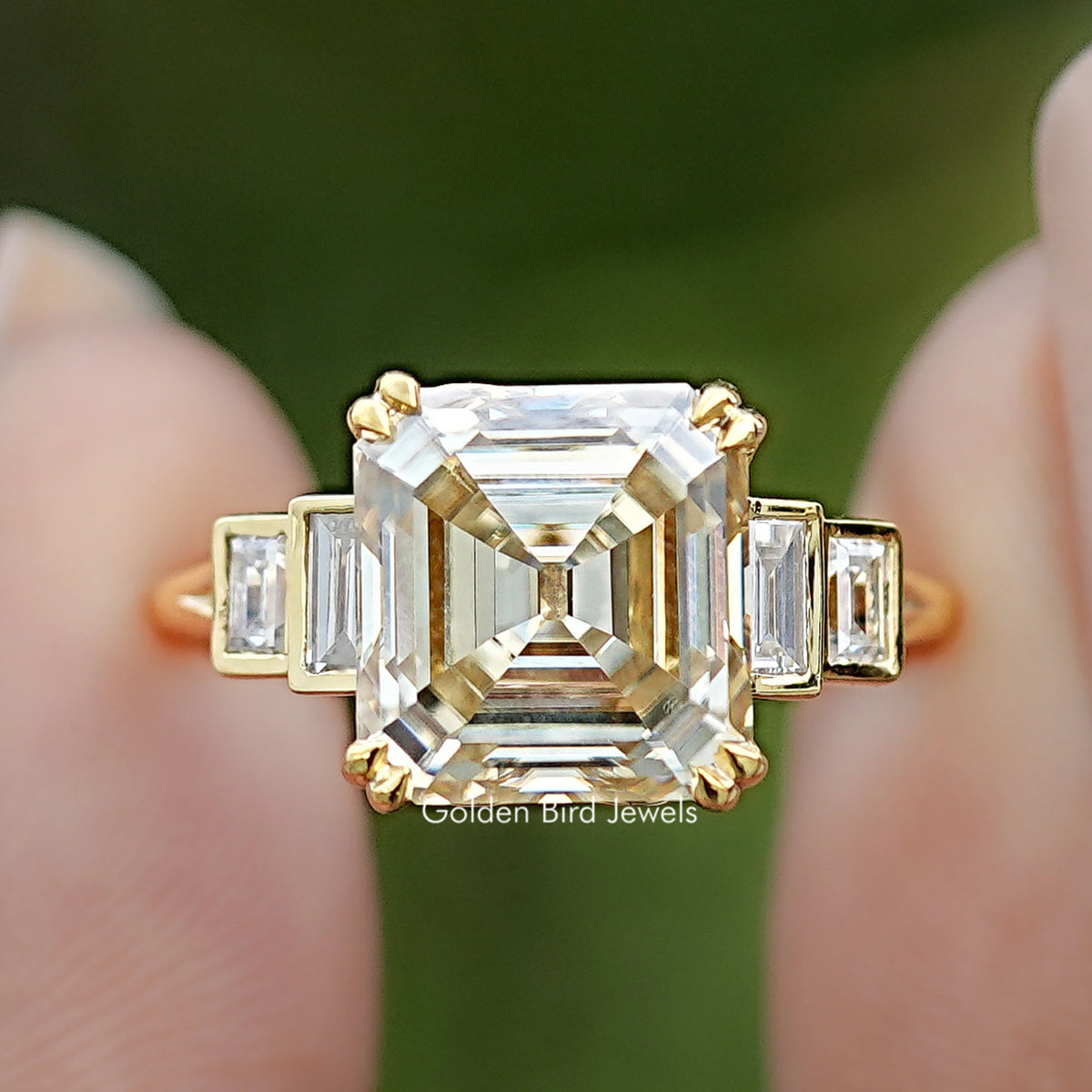 Front view of Old Mine Asscher Moissanite Five Stone Ring