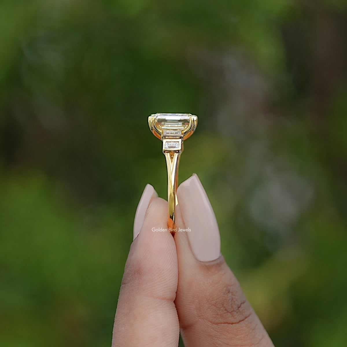 Side View of Old Mine Asscher Moissanite Five Stone Ring